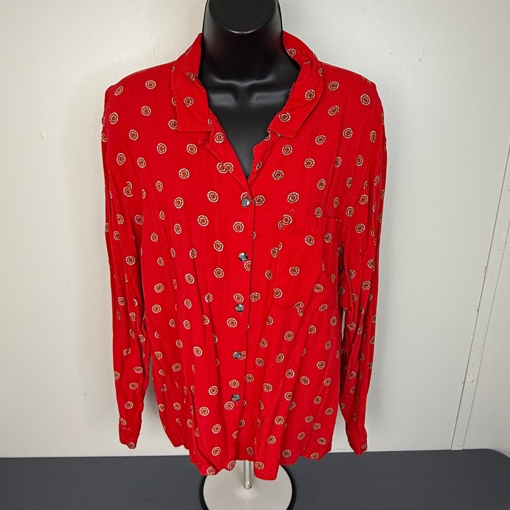 Russ Studio Women's Long Sleeve Floral Button Front Blouse Red Size 16 Preppy